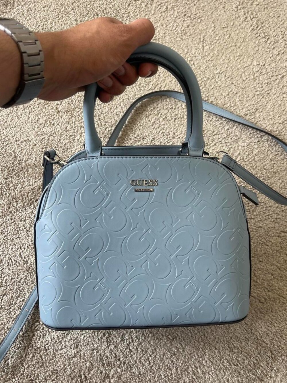GUESS Berkton Logo Embossed Dome Satchel Light Blue Silver Hardware Bag